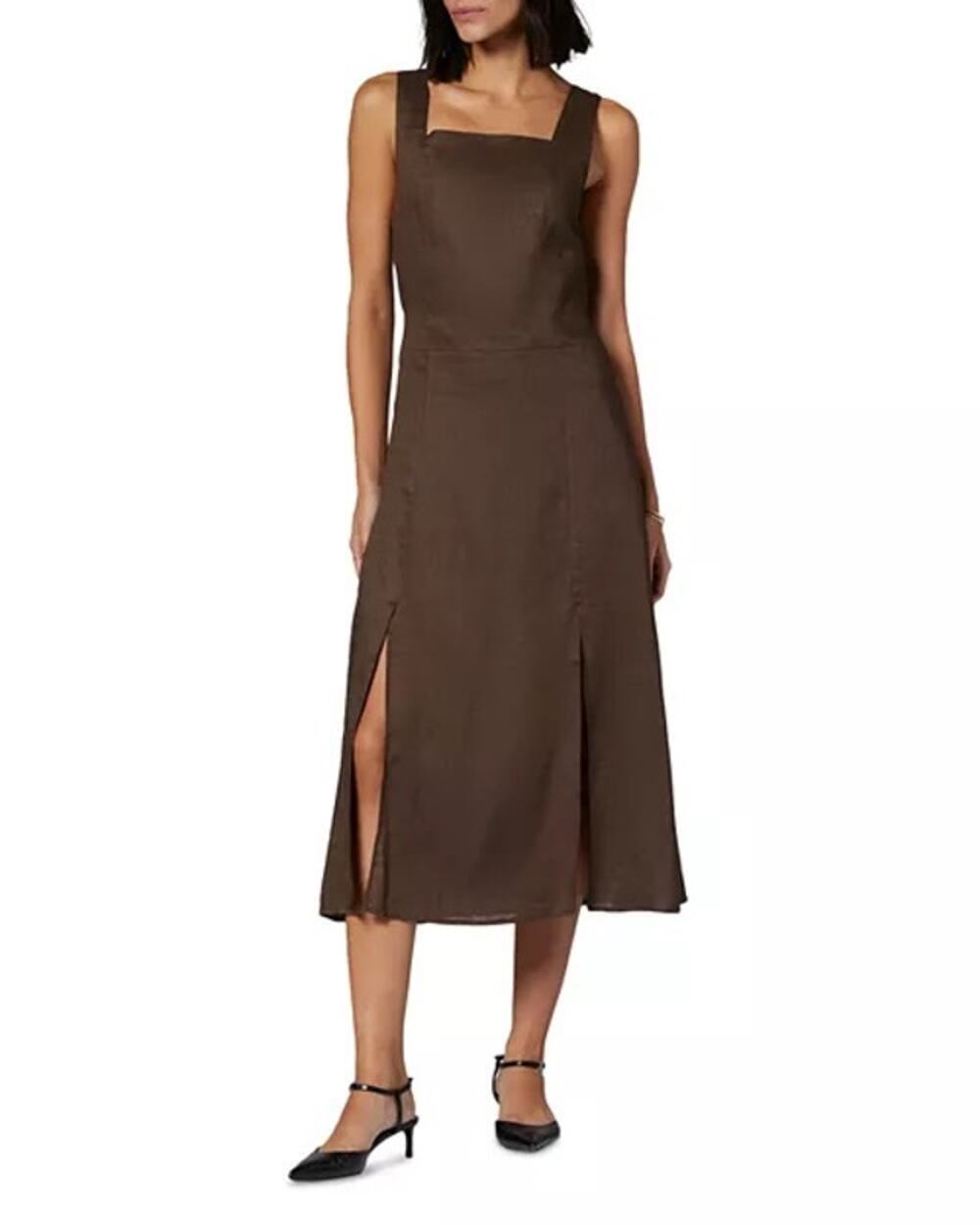 Equipment Ginette Wren Brown Slit Square Neck Sleeveless Linen Midi Dress Size 0